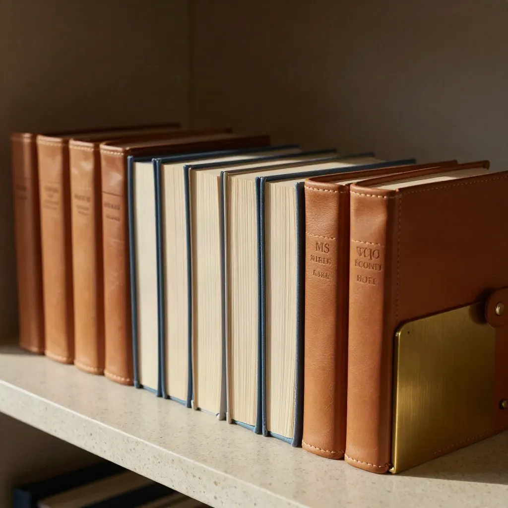 Filas de libros contables con pestañas azul gris y tope de latón sobre travertino.