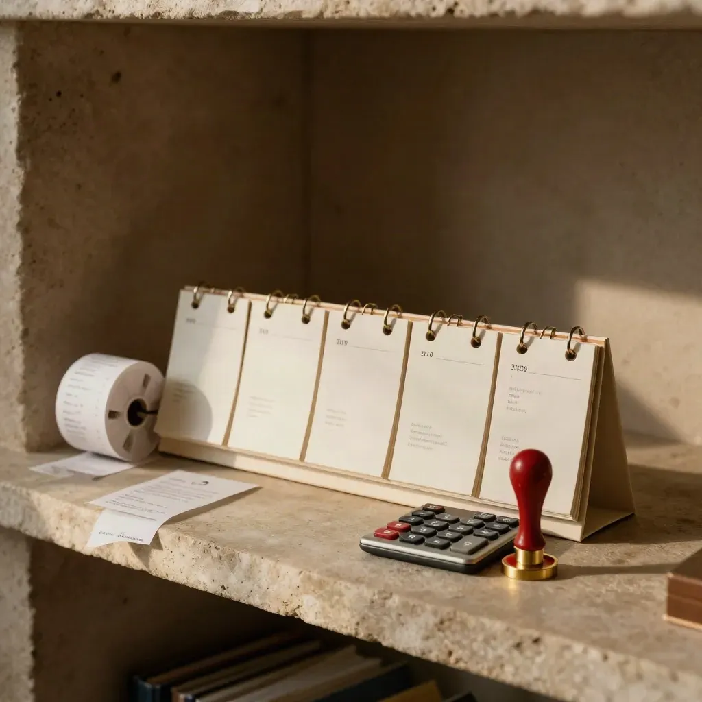 Bloques de calendario, calculadora, tira de recibos y sello de lacre rojo sobre piedra.
