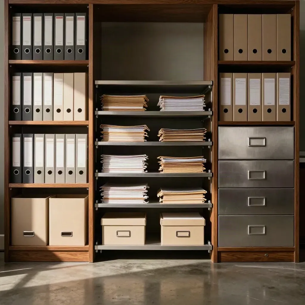 Dos archivos contables unidos por bandejas de carpetas en un archivo corporativo iluminado en penumbra.