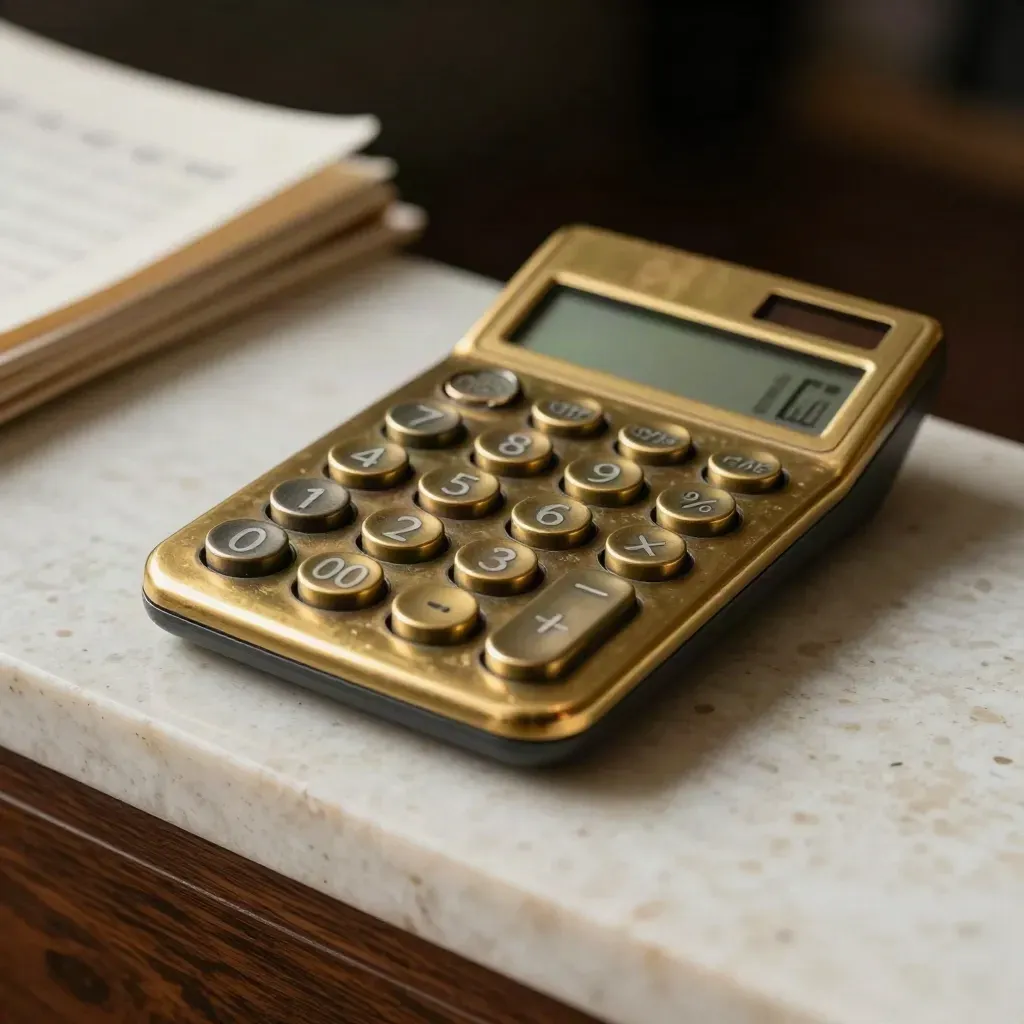 Calculadora de latón, sello y calendario fiscal sobre travertino, en macro de oficina.