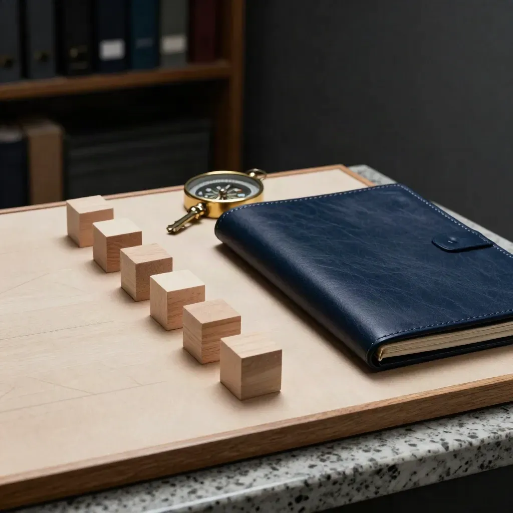 Bodegón dramático con cubos de madera, brújula y carpeta plegada sobre travertino.