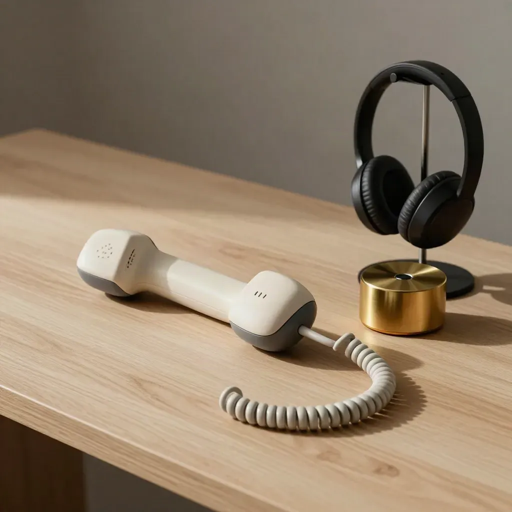 Teléfono de escritorio y temporizador sobre madera clara, estilo sobrio de Empresa Plus.