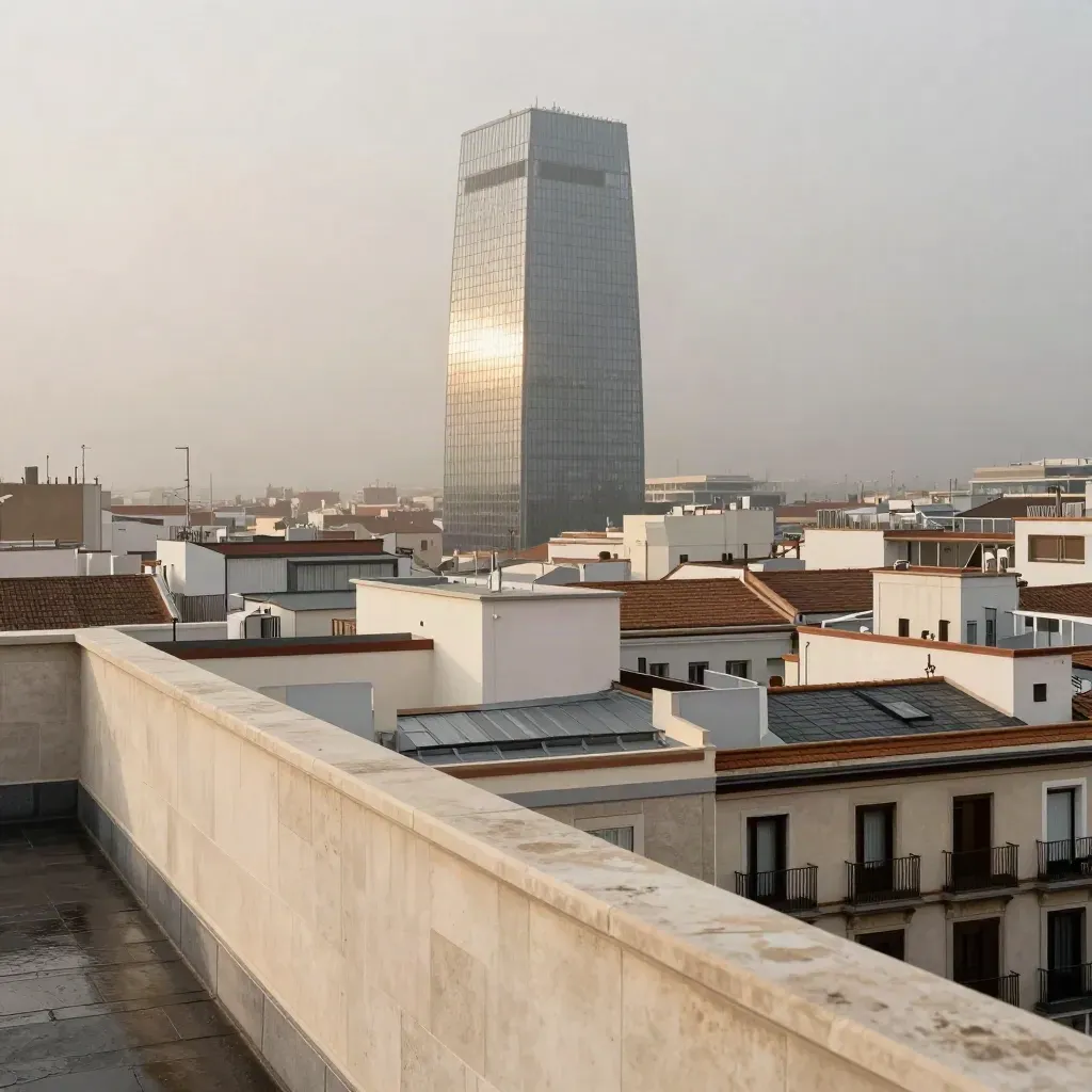 Las Cuatro Torres de Madrid al amanecer sobre una azotea clara y niebla suave.