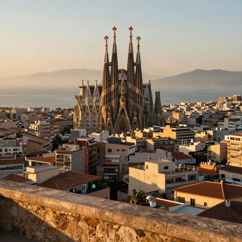 Panorama de Barcelona al atardecer, con la Sagrada Família sobre la niebla marina.