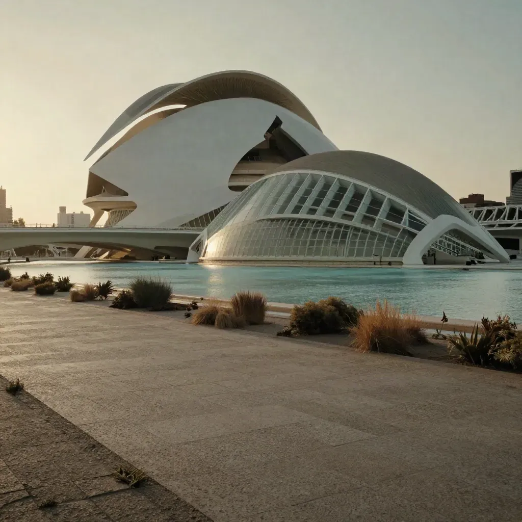 La Ciudad de las Artes y las Ciencias sobre el cauce seco del Turia, con niebla cálida al atardecer.