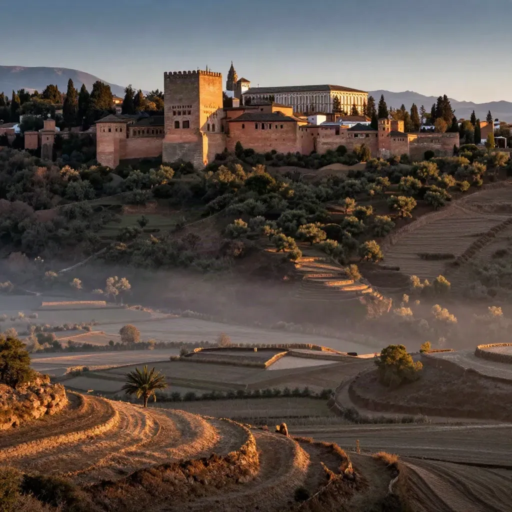 La Alhambra sobre colinas blancas andaluzas y un valle suave bajo luz de amanecer