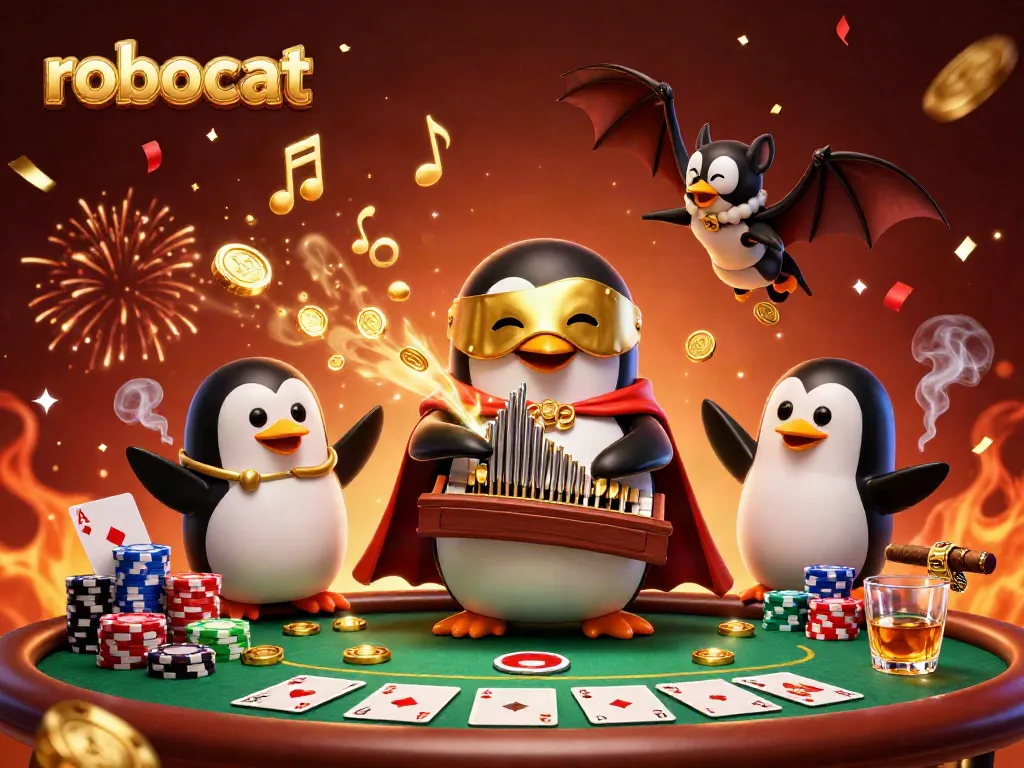 Play poker with robocat-themed characters amid a luxurious casino atmosphere